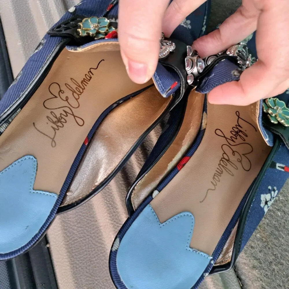 Libby Edelman Size 9.5 Denim Blue Mules Slip On Butterfly Lipstick Floral Shoes